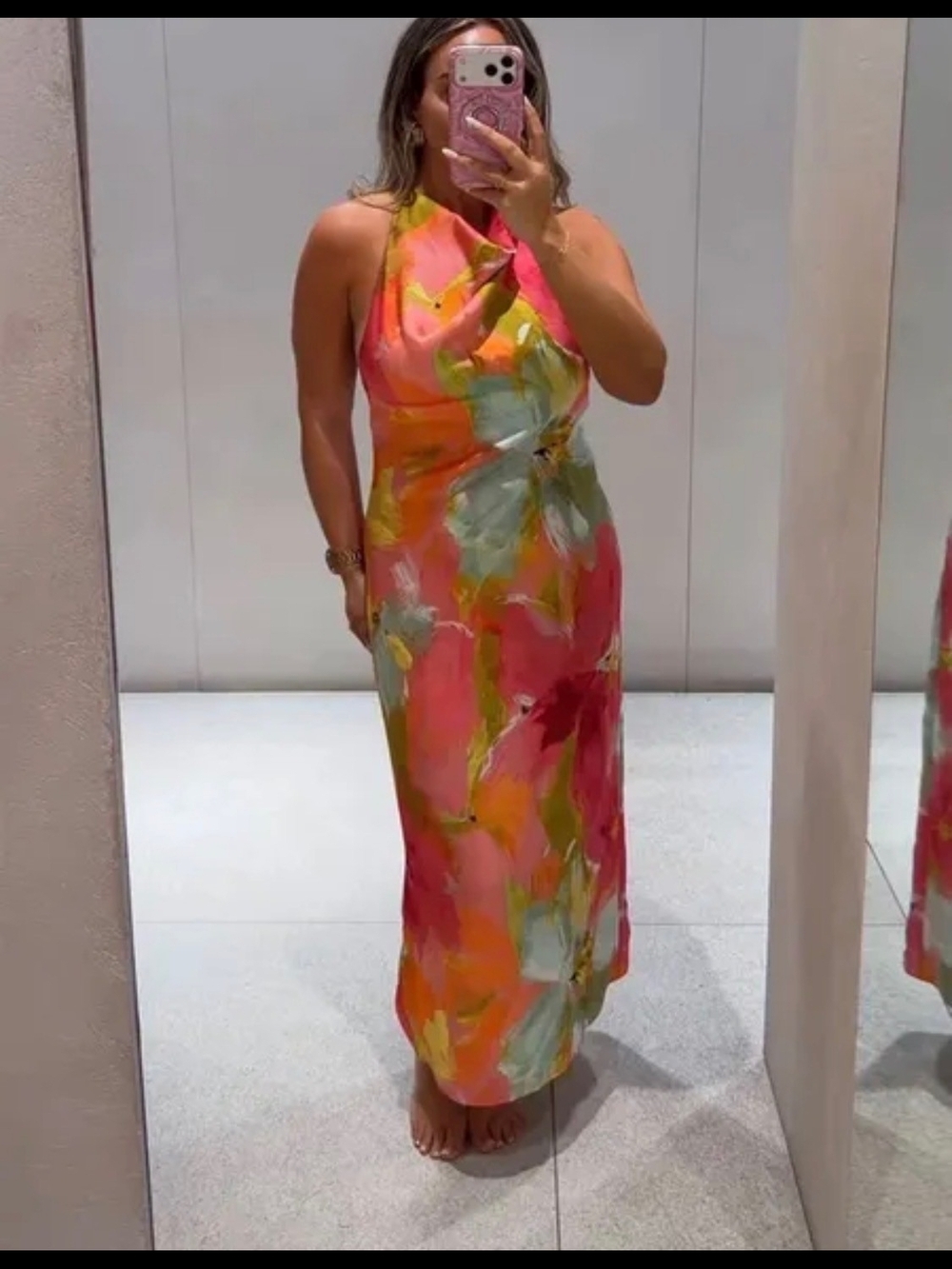 Zara Pink & Yellow Backless Halter Midi Dress - Picture 3 of 12